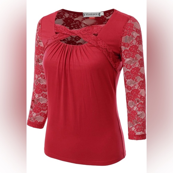 Vivalace Red Lace 3/4 Length Sleeve Ruched Shirt / Top - S - Picture 2 of 6